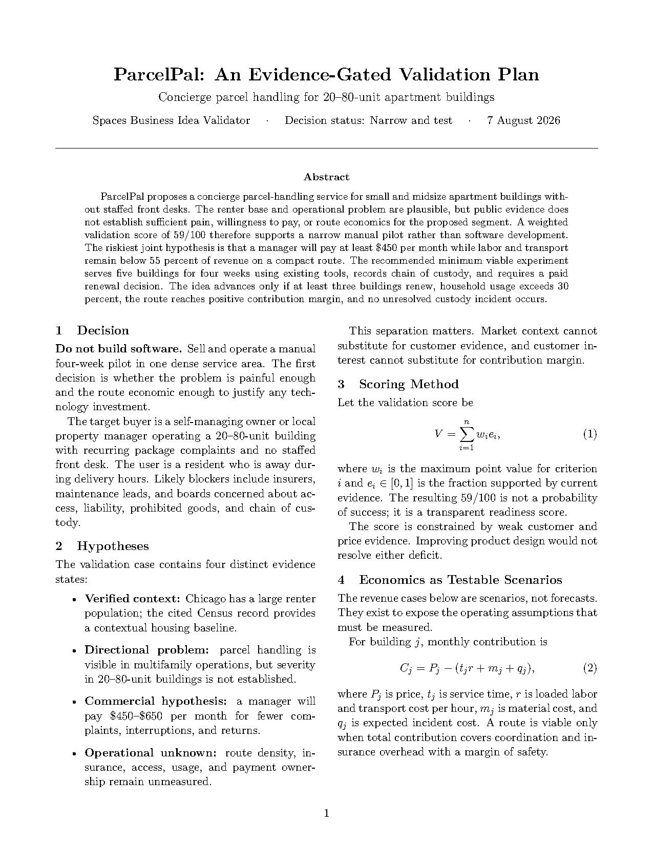 Decision and evidence from the Business Idea Validator example