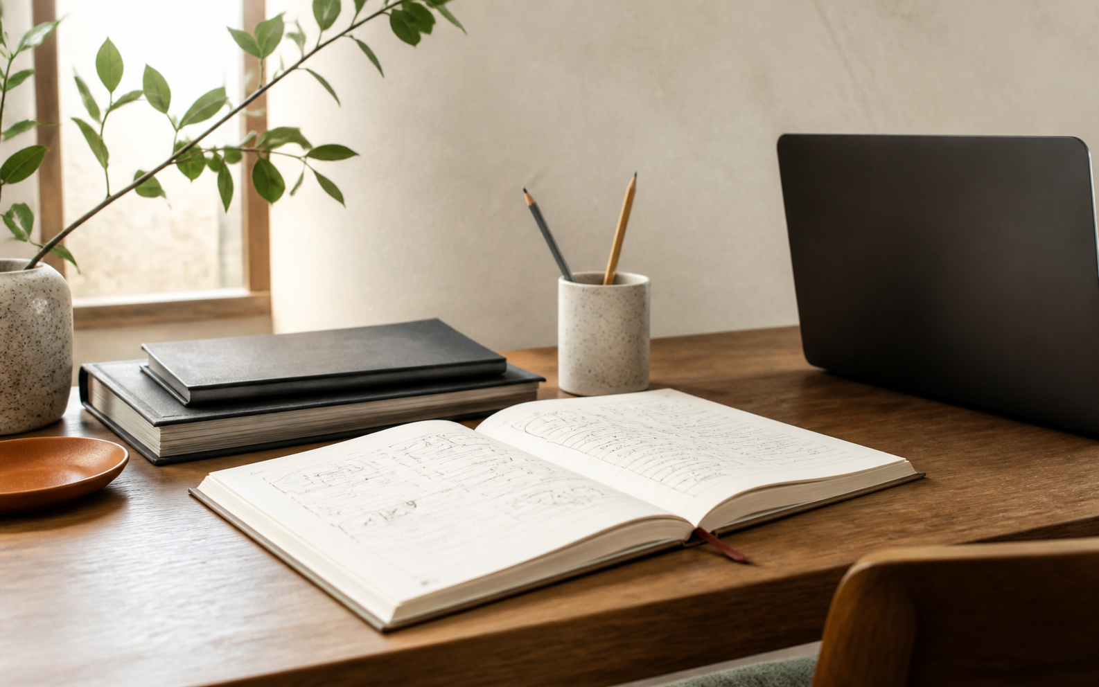 Open notes and study materials on a bright desk.