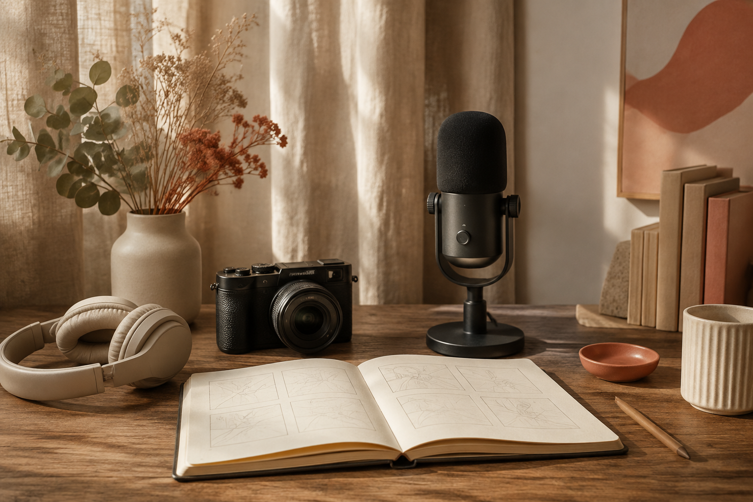 A camera, headphones, and creative tools for a personal hobby.