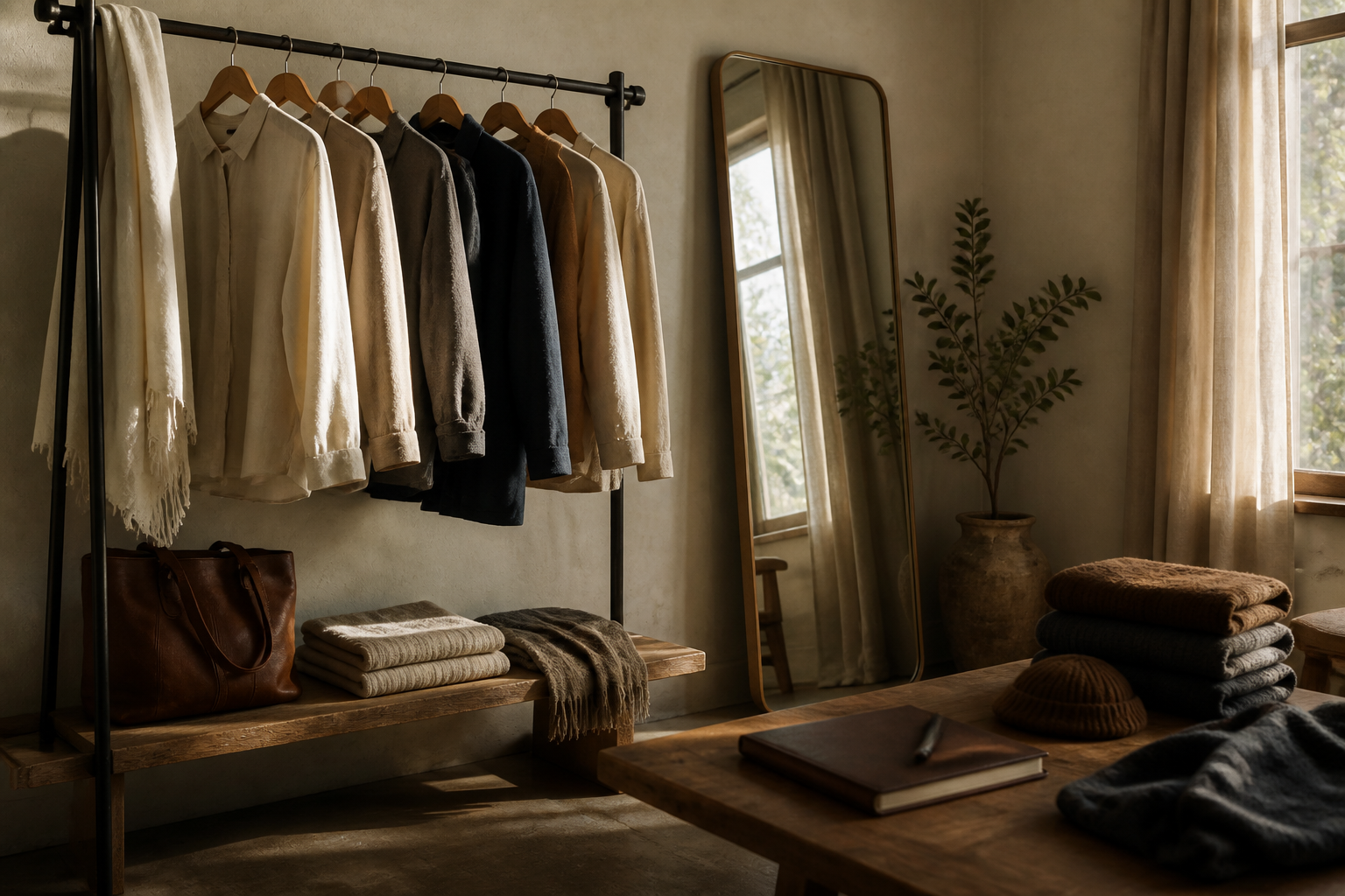 Clothes and accessories in a sunlit closet.