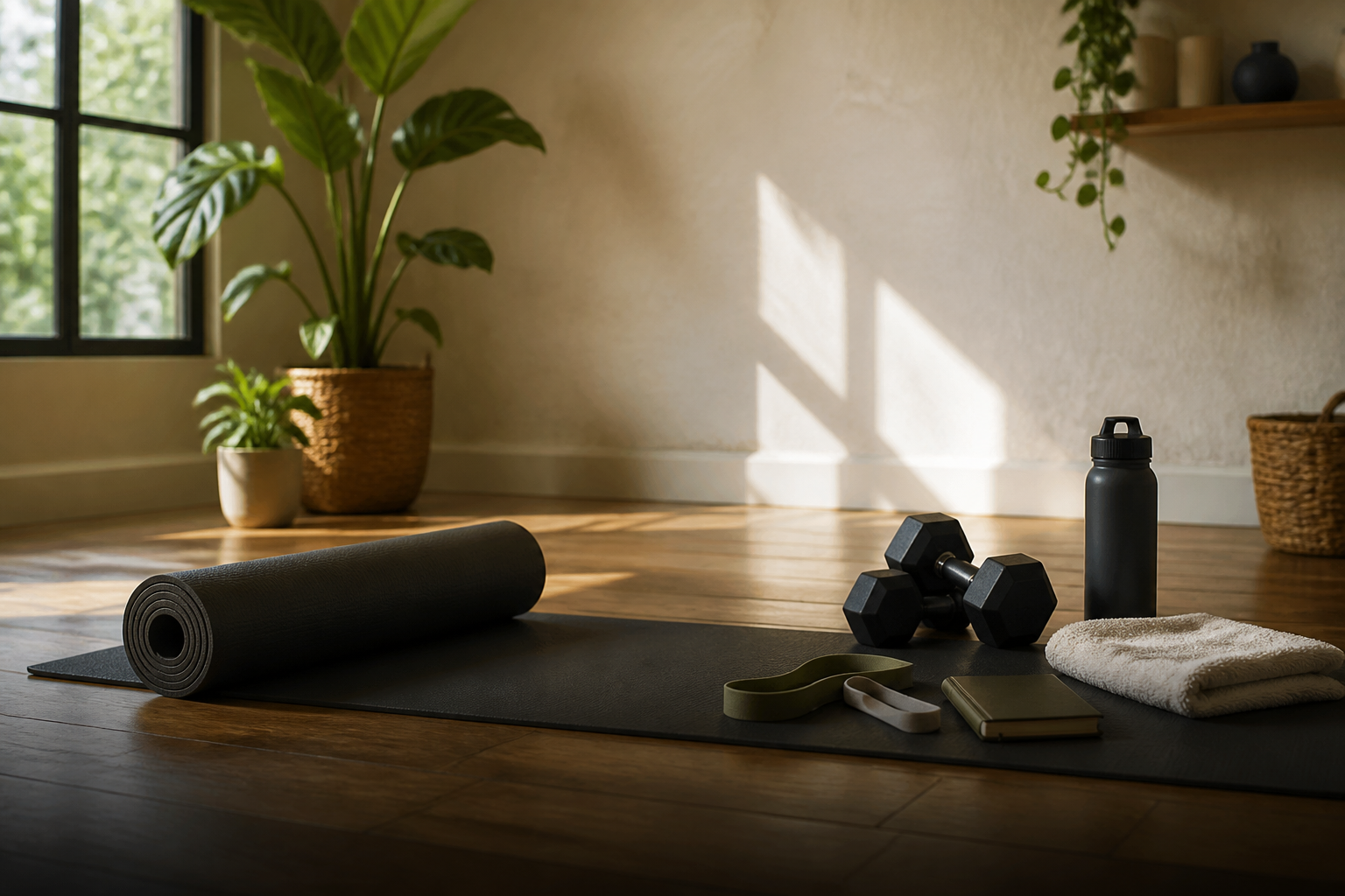 A yoga mat, weights, and water bottle for a daily routine.