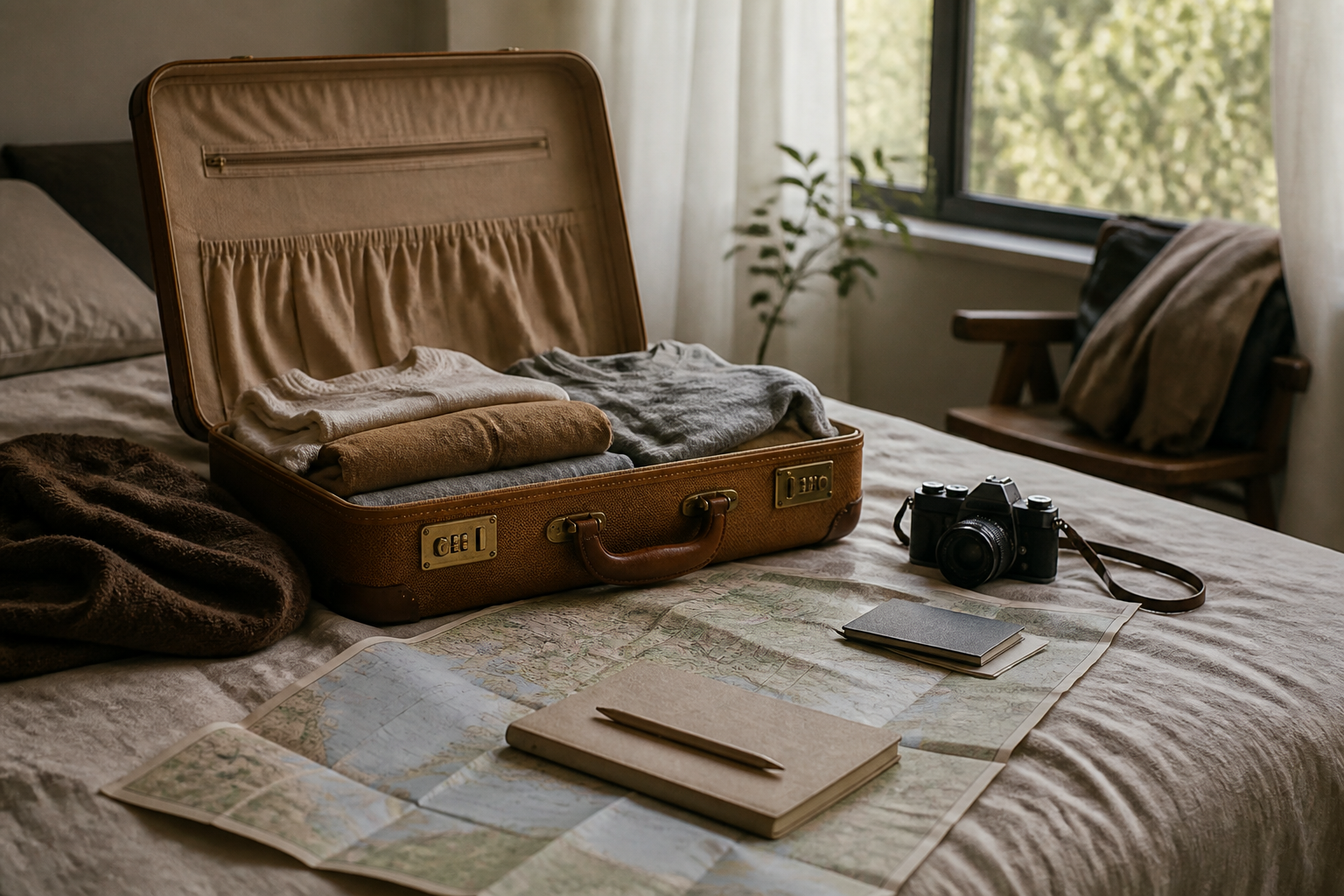 A suitcase, camera, and map ready for a new trip.